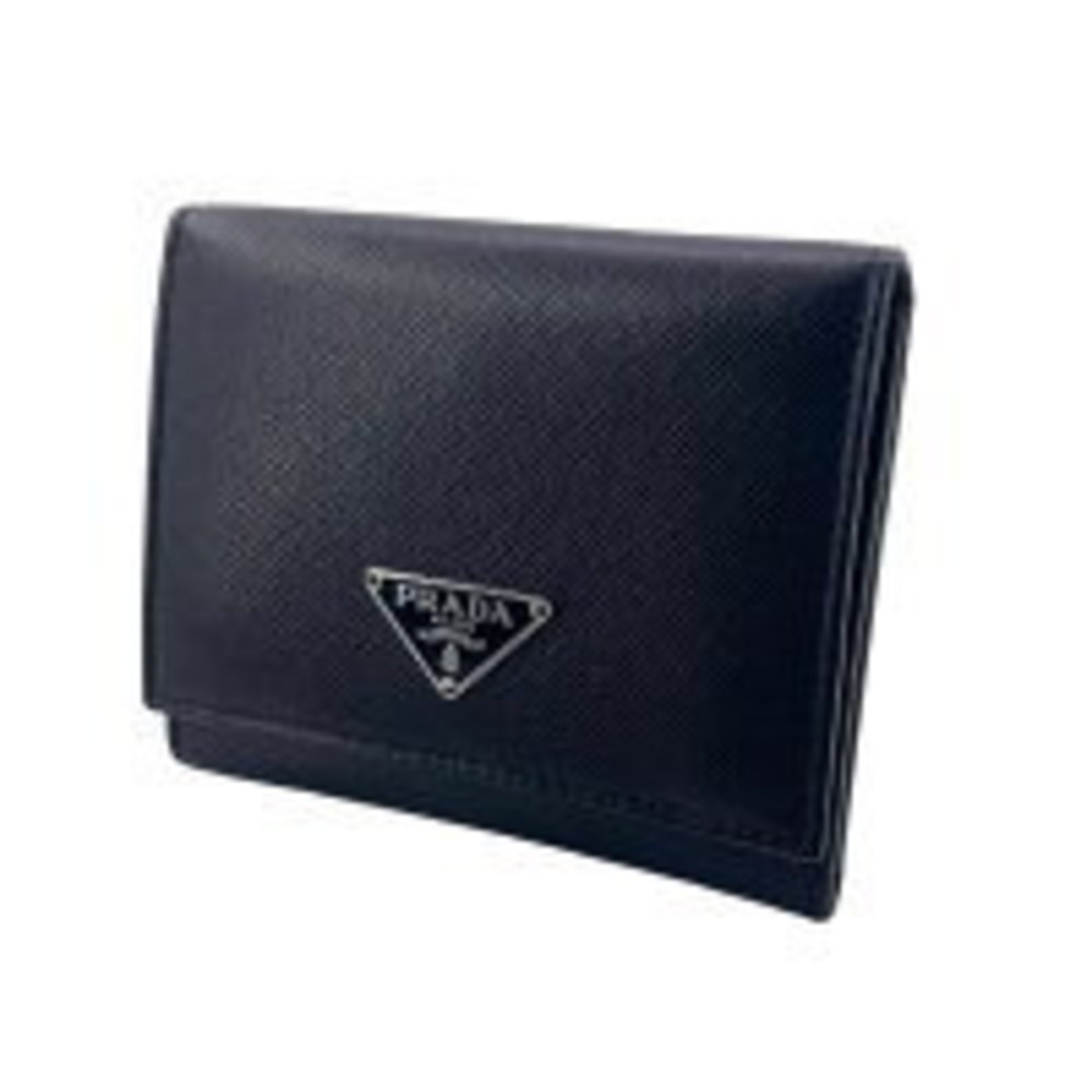 Prada Saffiano Triangle Logo Trifold Wallet Black Kj